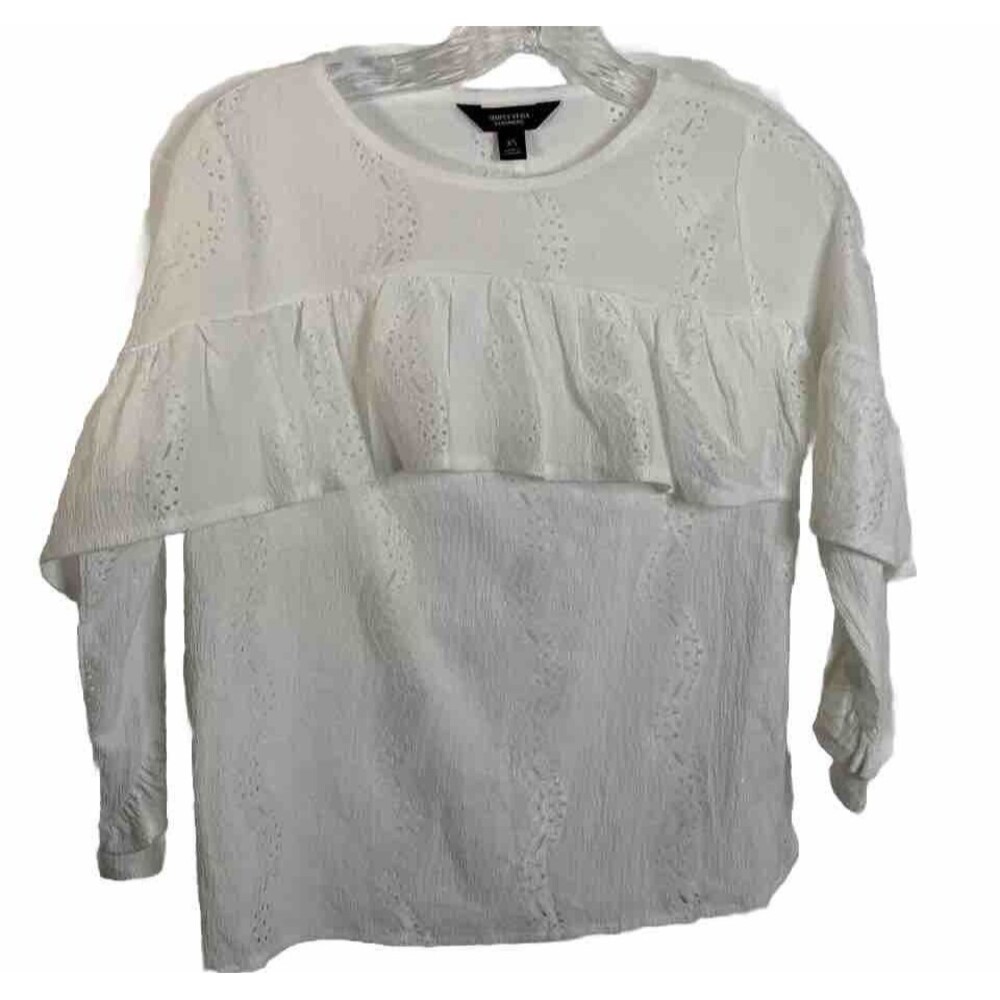 Simply Vera Vera Wang Eyelet Lace Ruffle Women Blouse XS White Boho 3/4 Sleeves